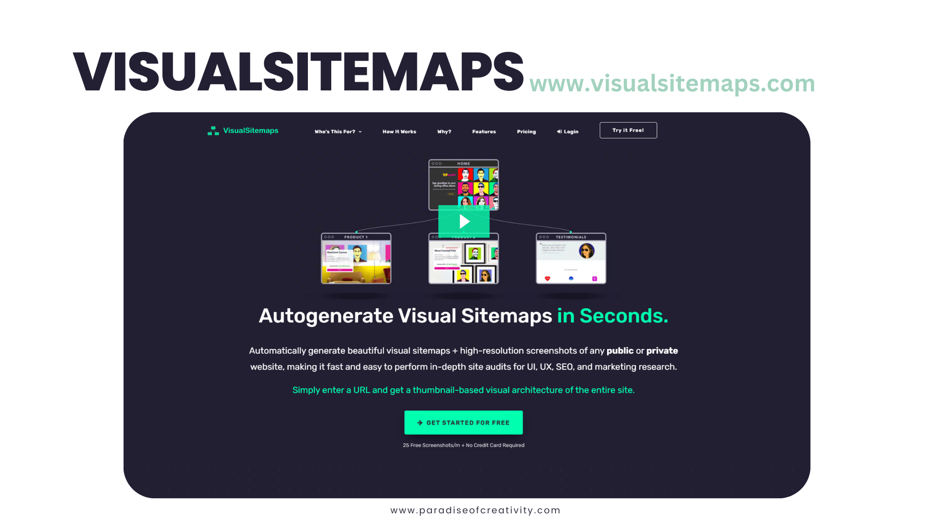 VisualSitemaps automatically generates high-quality visual sitemaps + high-res screenshots of any PUBLIC or PRIVATE website, making it fast and easy to perform in-depth site audits for SEO, UX and marketing research.
